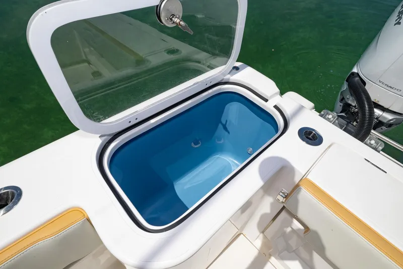 Slide: The Image of Livewell on 2024 Blackwater 43 Sportfish boat, open lid, blue interior, ocean background. - 46