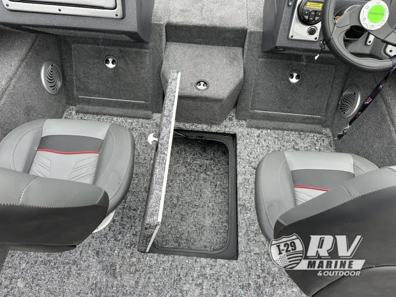 Slide: The Image of 2025 Tracker Pro Guide V-175 WT boat interior with gray seating and storage compartment. - 25