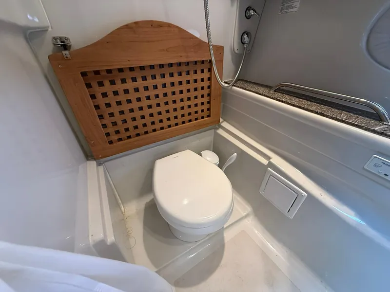 Slide: The Image of 2019 Crownline 350 SY bathroom with toilet and wooden paneling. - 41