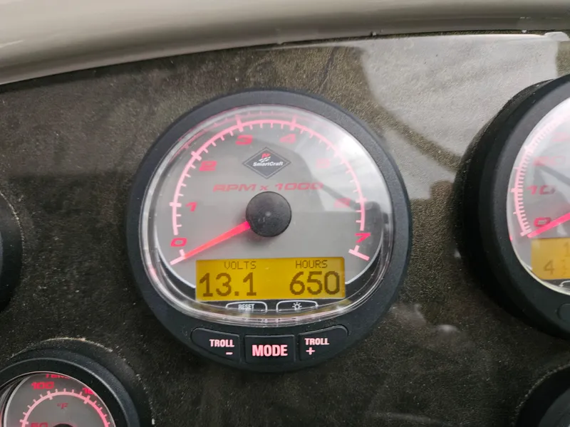 Slide: The Image of Close-up of 2004 Cruisers Yachts 340 Express gauge showing 13.1 volts and 650 hours. - 43