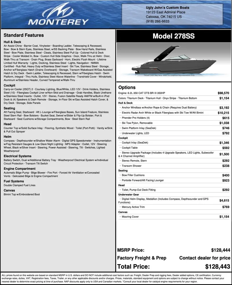 Slide: The Image of 2019 Monterey 278SS boat features, options, and pricing details in a brochure format. - 10