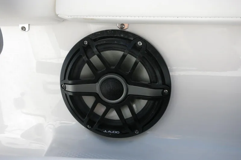 Slide: The Image of JL Audio speaker on 2025 Robalo R250 Center Console boat. - 28