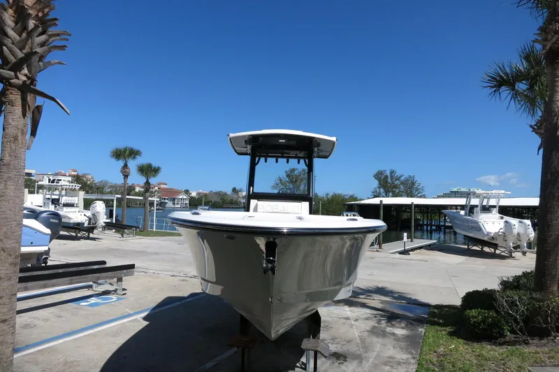 Slide: The Image of 2025 Robalo R250 Center Console boat docked under clear blue sky. - 3