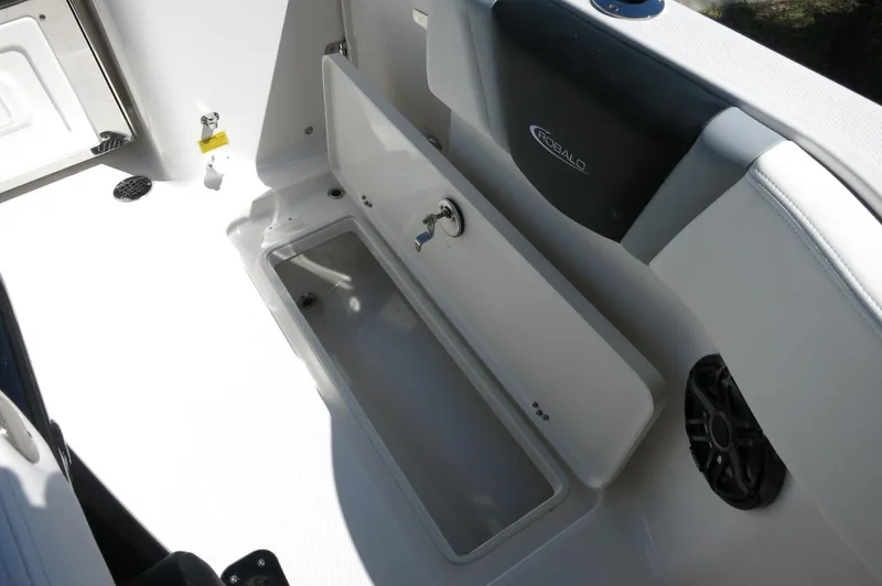 Slide: The Image of 2025 Robalo R250 Center Console boat interior with storage compartment and speaker. - 39