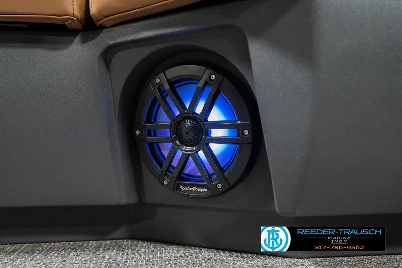 Slide: The Image of Speaker with blue LED light on 2025 Bennington 24 MSB boat interior. - 42