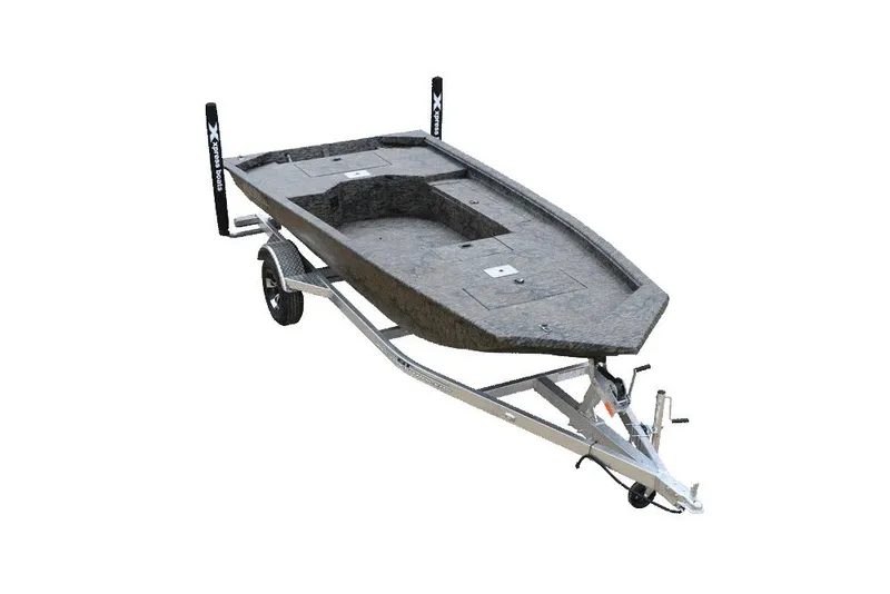 Slide: The Image of 2026 Xpress HD16DB duck hunting boat on trailer, awaiting Yamaha 50 hp engine. - 15
