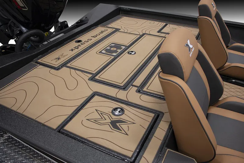 Slide: The Image of Xpress X19 Pro Bass boat interior with Yamaha Vmax 200, featuring stylish seating and storage. - 5