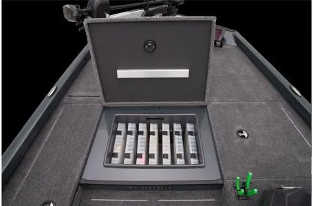 Slide: The Image of 2025 Ranger RT178 boat with open storage compartment showcasing organized tackle boxes. - 15
