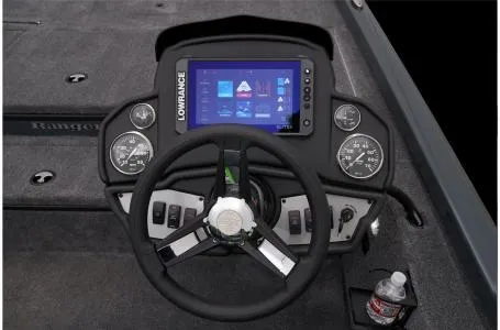 Slide: The Image of 2025 Ranger RT178 boat dashboard with Lowrance display and steering wheel. - 8