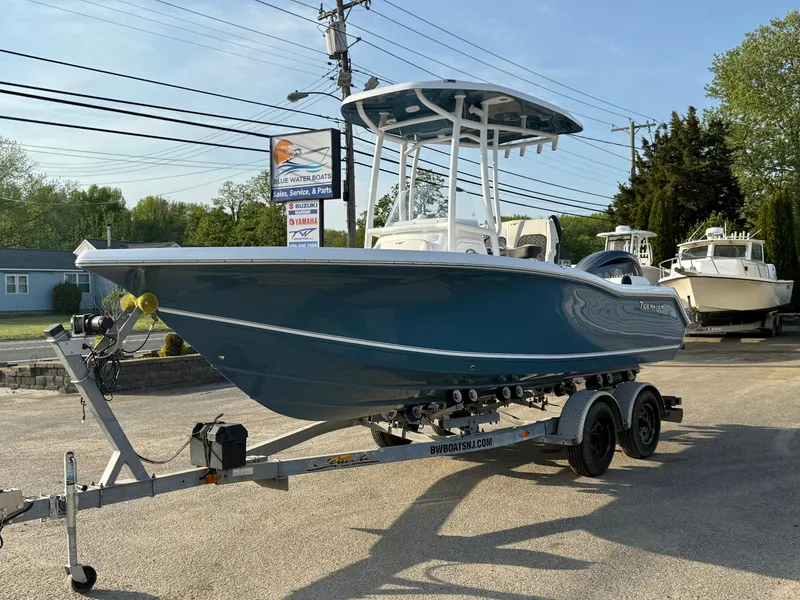 Slide: The Image of 2025 Tidewater 210 LXF boat on trailer, parked outdoors, with blue hull and T-top. - 6