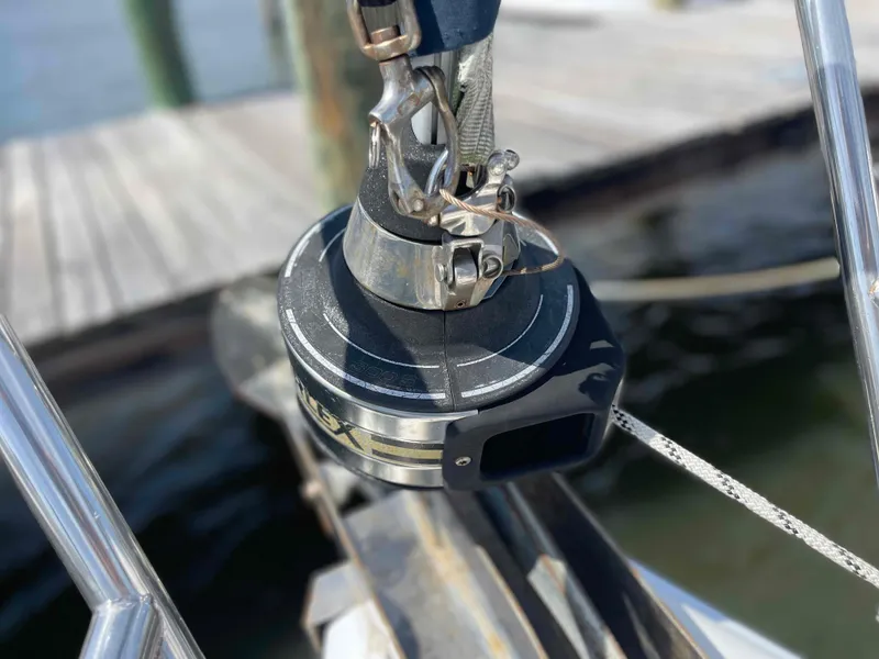 Slide: The Image of Close-up of a 2006 Hunter 45 Center Cockpit sailboat rigging detail at a dock. - 41