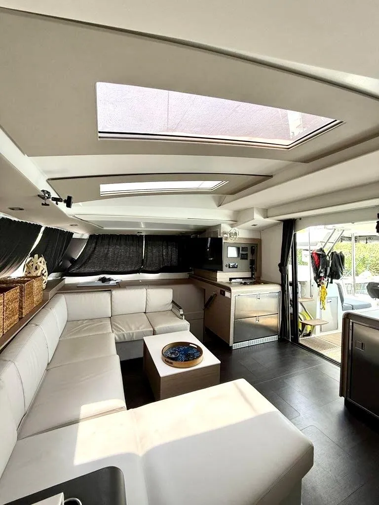 Slide: The Image of Luxurious interior of 2022 Fountaine Pajot Elba 45 catamaran with modern furnishings. - 20
