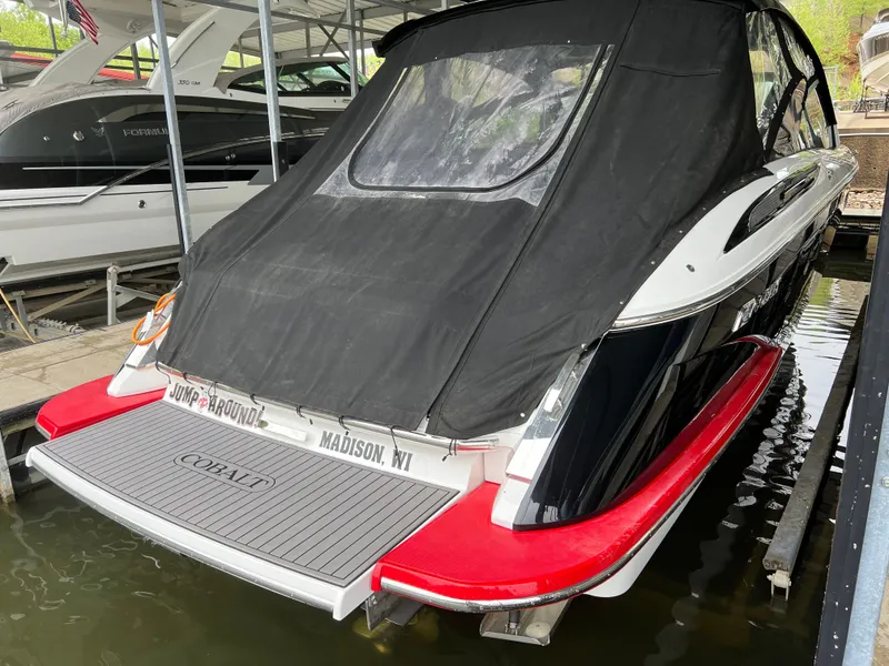 Slide: The Image of 2022 Cobalt A36BR boat with cover, docked in Madison, WI. - 19