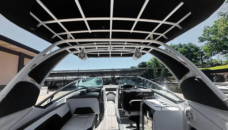 Slide: The Image of 2022 Monterey 298SS boat interior with sleek seating and modern design. - 3