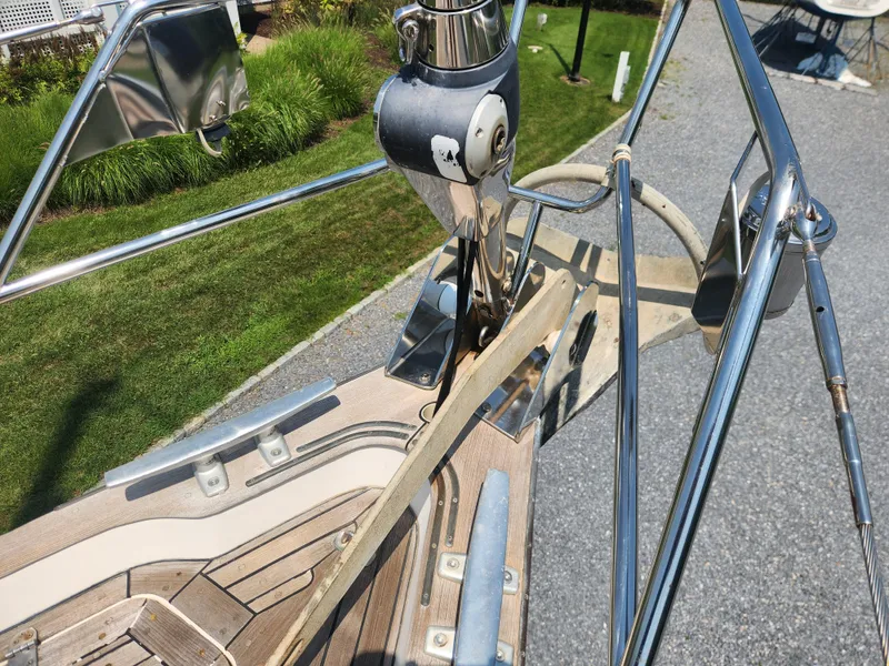 Slide: The Image of Deck of 2003 Hallberg-Rassy 46 yacht with polished metal fittings. - 8