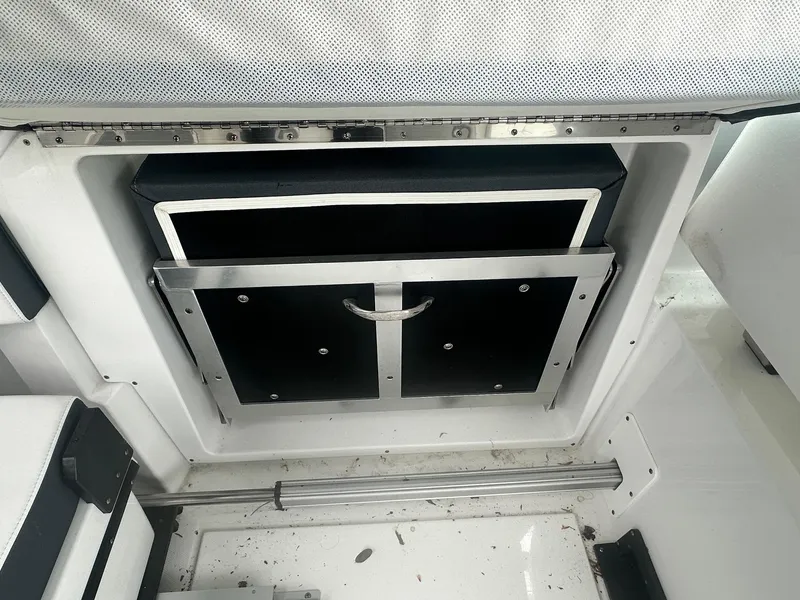 Slide: The Image of 2020 Blackfin 272 DC storage compartment with sleek design and stainless steel handle. - 16