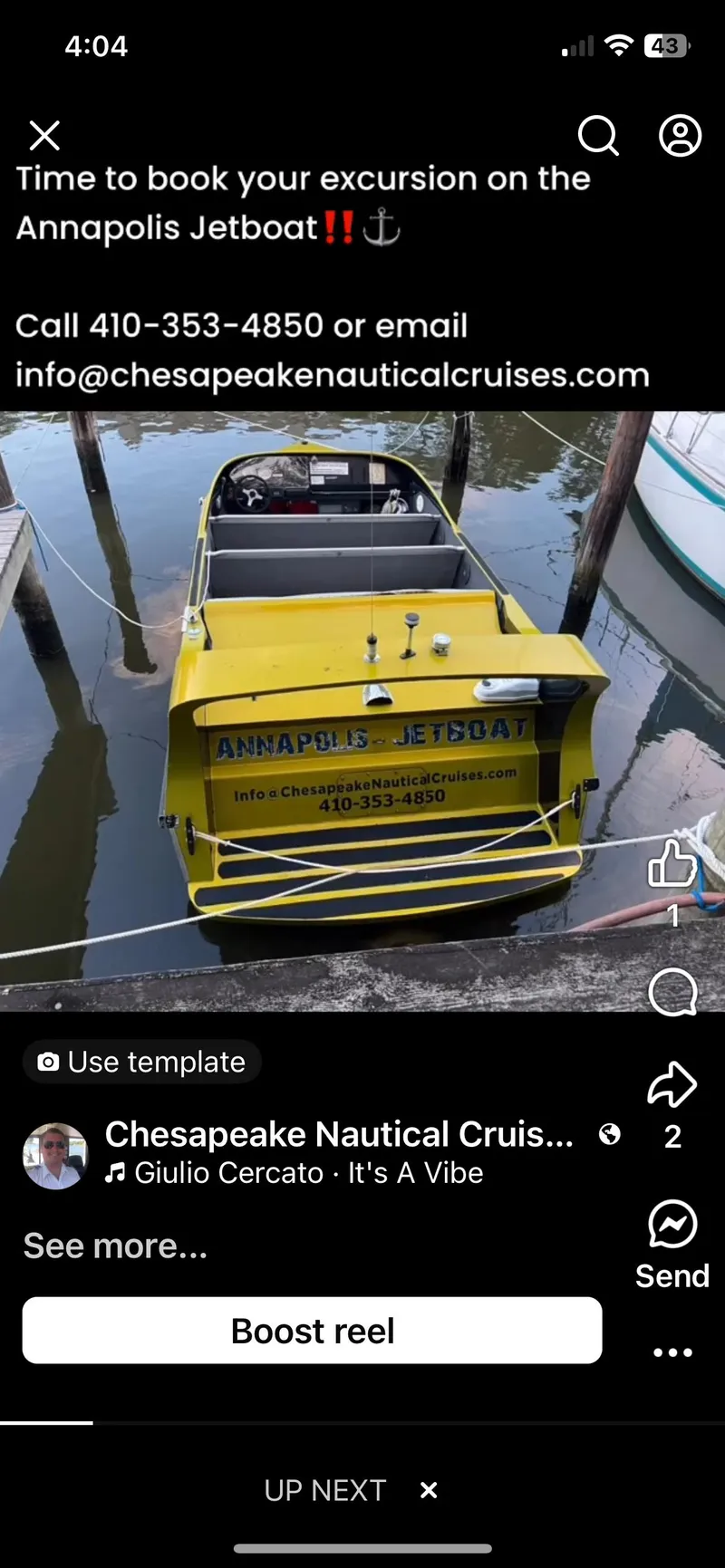 Slide: The Image of Yellow Annapolis Jetboat docked, contact for booking. Smoky Mountain SMJB 21, 2014 model. - 2
