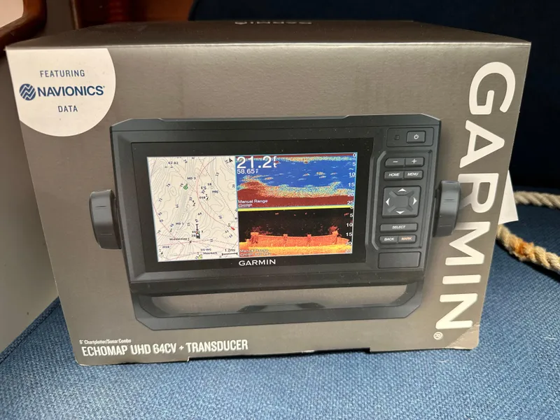 Slide: The Image of Garmin Echomap UHD 64cv with transducer, featuring Navionics data, on a Black Watch 30 EXPRESS. - 9