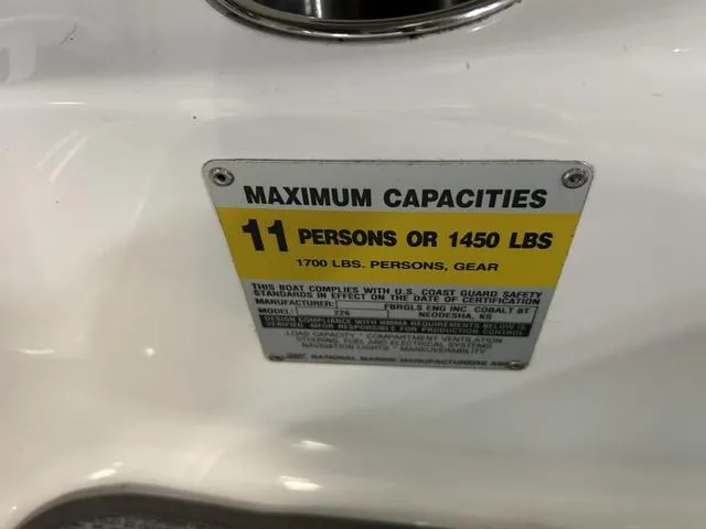 Slide: The Image of 2003 Cobalt 226 capacity plate: 11 persons or 1450 lbs, 1700 lbs with gear. - 5