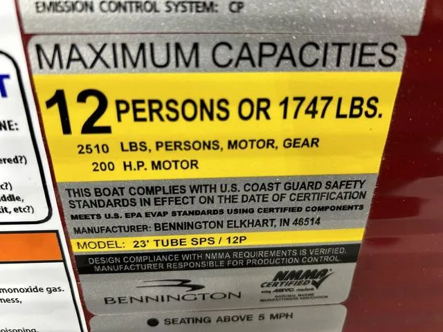 Slide: The Image of Capacity label for 2023 Bennington 24 SXL, 12 persons or 1747 lbs, 200 HP motor. - 15