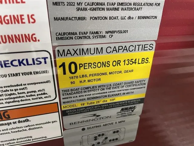 Slide: The Image of 2023 Bennington 20 SVL capacity label: 10 persons or 1354 lbs, 90 HP motor. - 11