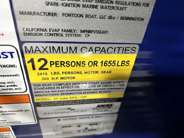 Slide: The Image of 2022 Bennington 22 SVSR capacity label: 12 persons or 1655 lbs, 200 HP motor. - 22