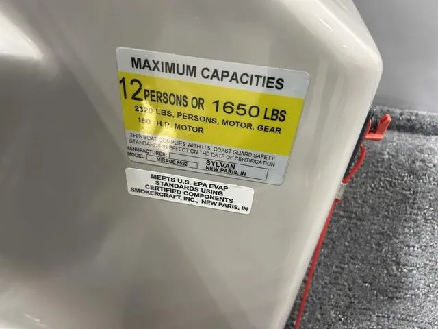 Slide: The Image of 2018 Sylvan 8522 Party Fish capacity label, 12 persons or 1650 lbs, 150 HP motor. - 19