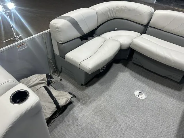 Slide: The Image of 2018 Sylvan 8522 Party Fish pontoon boat interior with gray seating and flooring. - 26