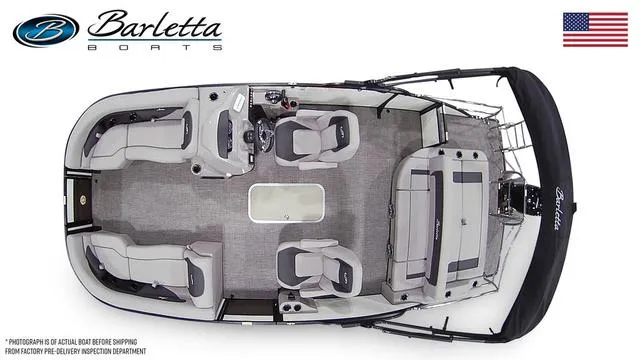 Slide: The Image of 2025 Barletta Aria A22UC pontoon boat, top view, spacious seating, modern design, American flag. - 3