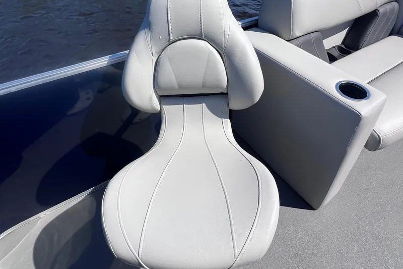 Slide: The Image of 2022 Sylvan Mirage 820 PARTY FISH boat seat with cup holder, gray upholstery. - 19