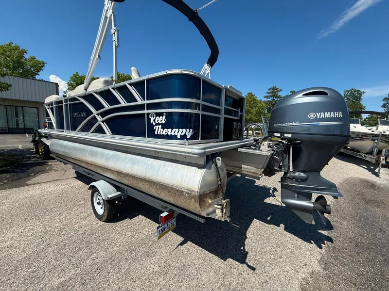 Slide: The Image of 2022 Sylvan Mirage 820 PARTY FISH pontoon boat with Yamaha motor on trailer. - 4