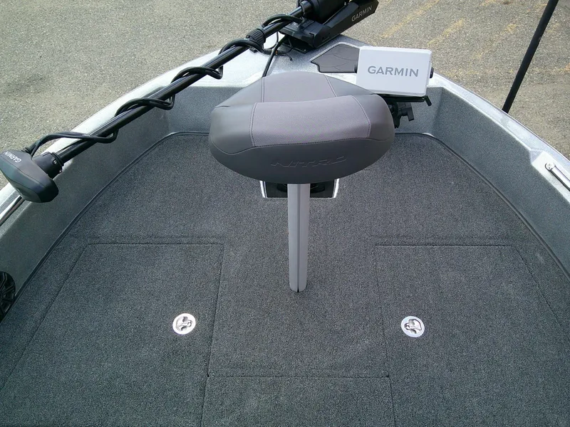 Slide: The Image of 2025 Nitro ZV19 Sport Pro boat deck with Garmin equipment and seating. - 8