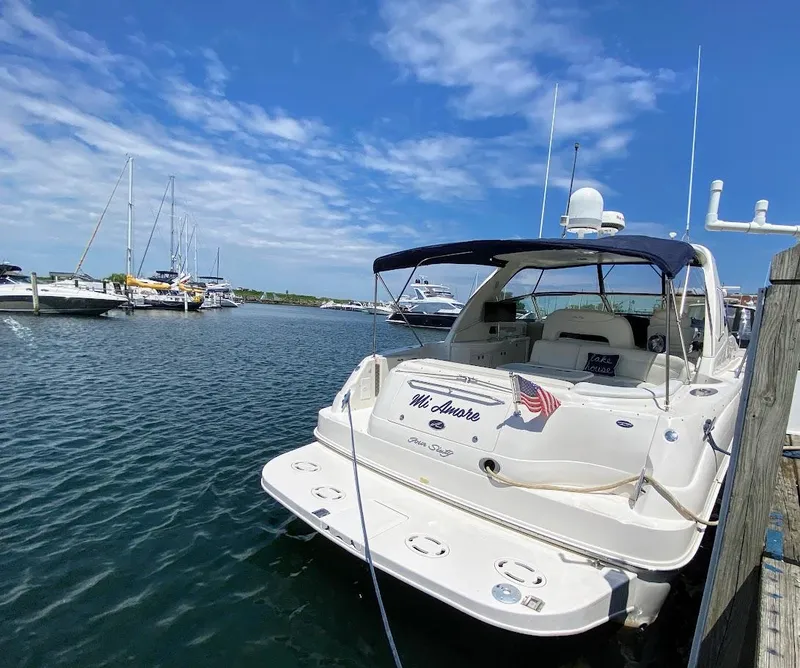 Slide: The Image of 2001 Sea Ray 460 Sundancer yacht docked in a marina under a clear blue sky. - 16