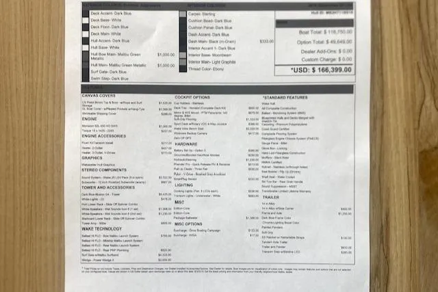 Slide: The Image of 2016 Malibu Wakesetter 25 LSV price sheet with detailed options and features list. - 35