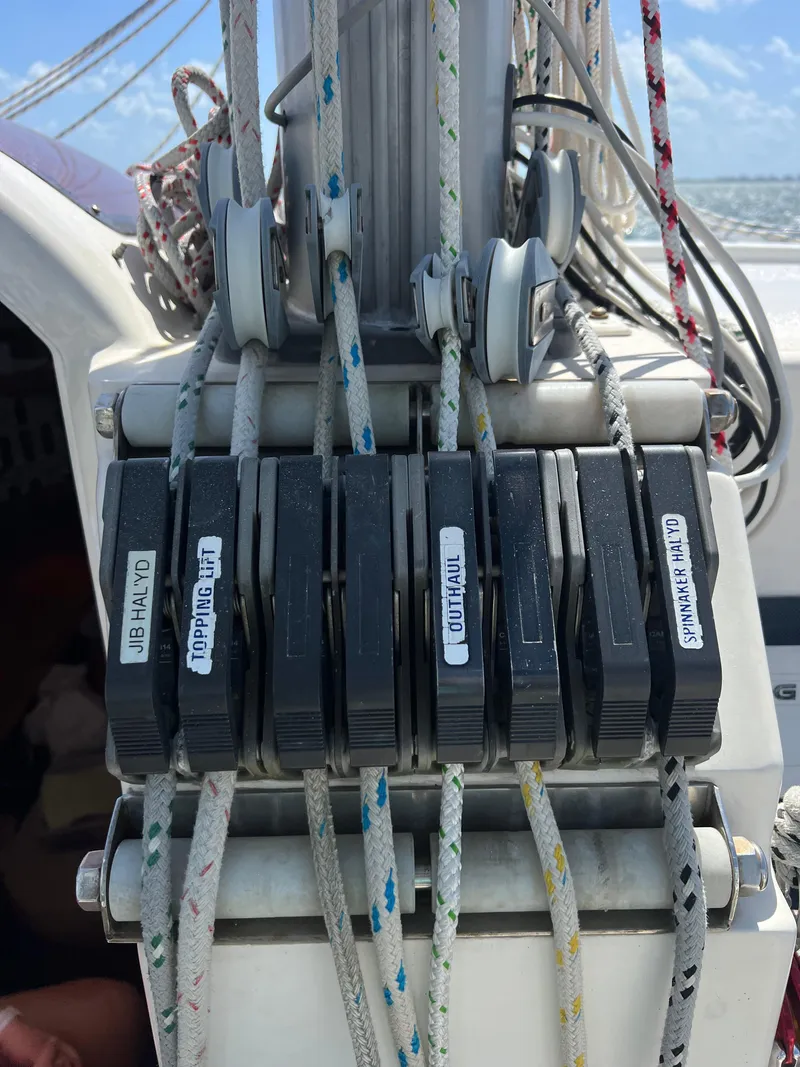 Slide: The Image of Sailing ropes and cleats on a 1996 Prout 45 catamaran deck. - 24