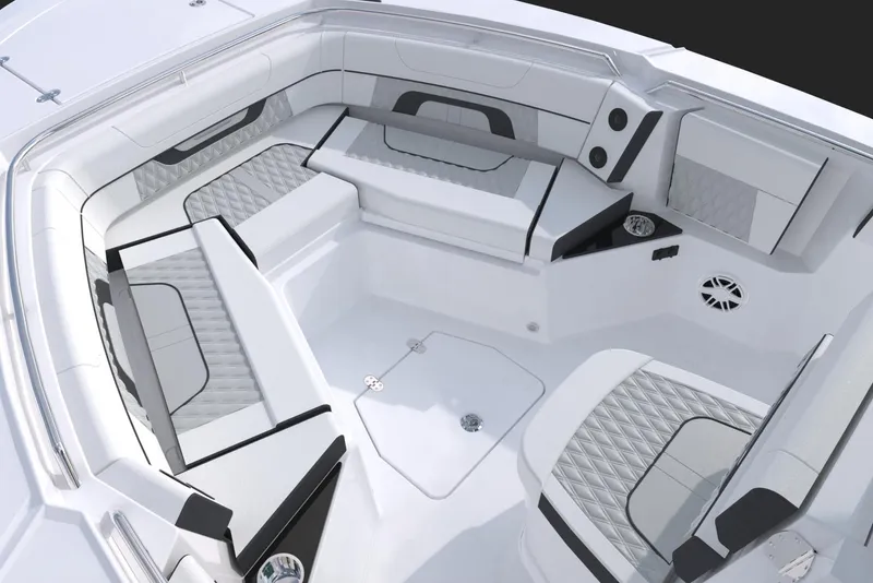 Slide: The Image of 2025 Blackfin 252 CC boat interior with sleek seating and modern design. - 11