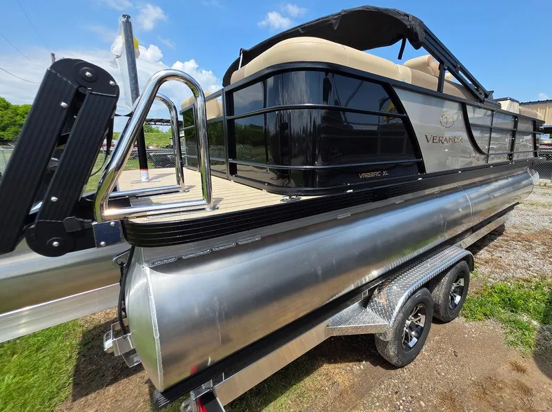 Slide: The Image of 2025 Veranda VR22RC XL Tri-Toon boat on trailer, featuring sleek design and durable construction. - 12