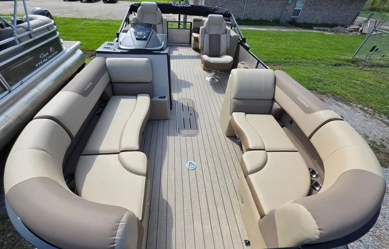 Slide: The Image of 2025 Veranda VR22RC XL Tri-Toon boat with spacious seating and modern design. - 9