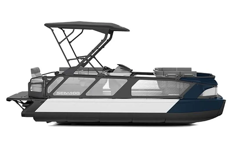 Slide: The Image of 2024 Sea-Doo Switch® Cruise 21 pontoon boat, 170 hp, side view, sleek design. - 5