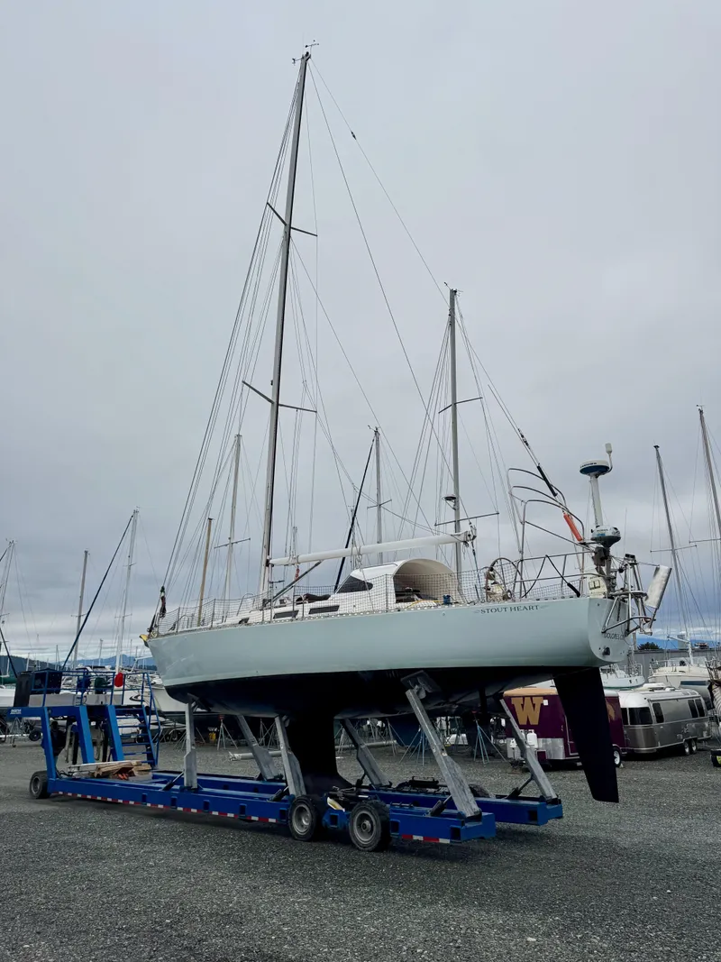 Slide: The Image of 1998 J Boats J 42 sailboat on trailer in marina setting. - 16