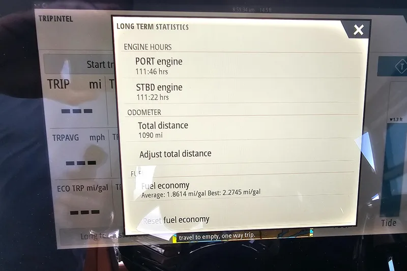 Slide: The Image of Display screen showing Saxdor 320 GTO engine hours, odometer, and fuel economy statistics. - 16