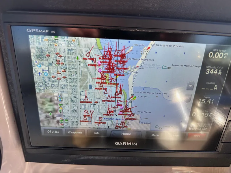 Slide: The Image of Garmin GPS display on 2004 Sea Ray 360 Sundancer, showing detailed nautical map. - 42