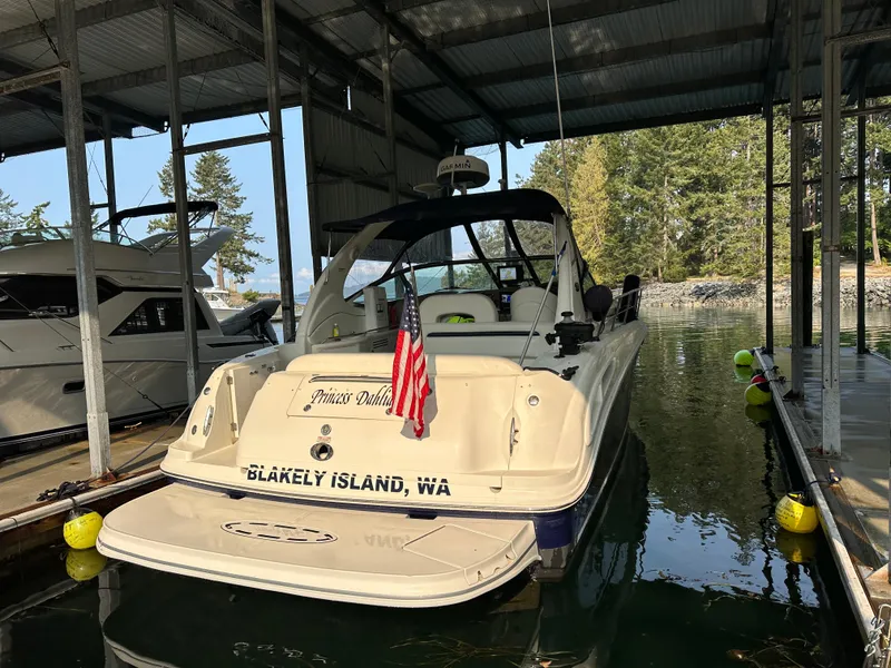 Slide: The Image of 2004 Sea Ray 360 Sundancer docked at Blakely Island marina, rear view. - 5