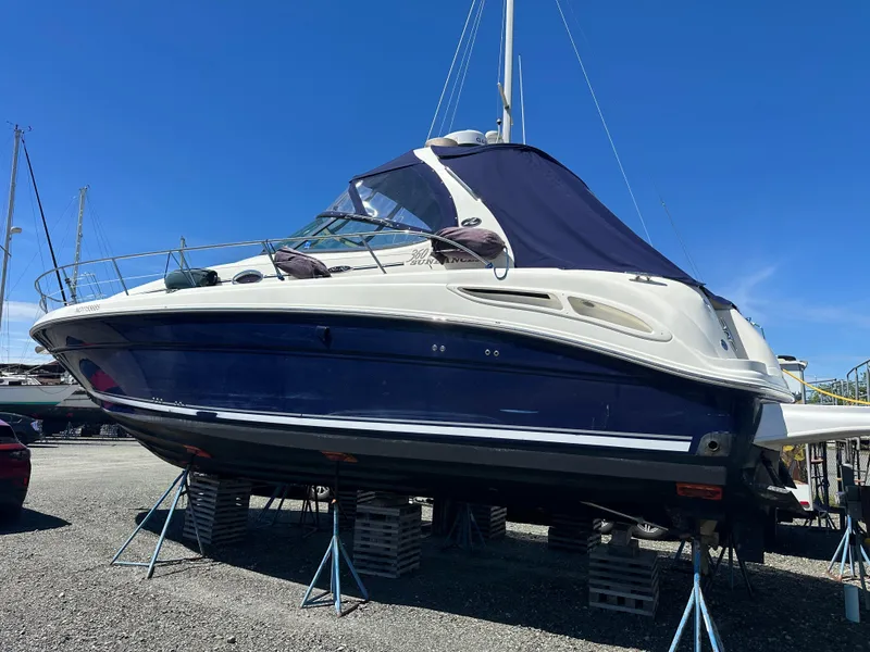 Slide: The Image of 2004 Sea Ray 360 Sundancer yacht on stands, blue hull, clear sky background. - 6