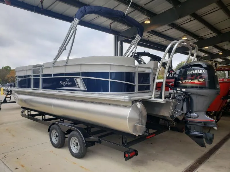 Slide: The Image of 2024 SunChaser Vista 22 LR pontoon boat with Yamaha VMAX engine on trailer. - 4