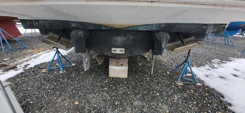 Slide: The Image of 2007 Silverton 43 Motor Yacht on stands, rear view, winter storage. - 12