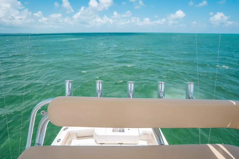 Slide: The Image of View from 2007 Rampage 38 Express boat overlooking turquoise ocean waters. - 15