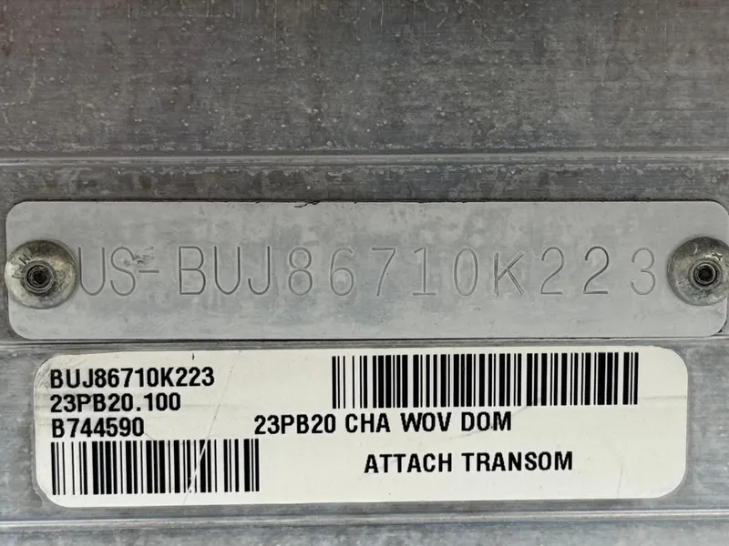 Slide: The Image of 2023 Sun Tracker Party Barge 20 DLX identification plate with serial and model numbers. - 21