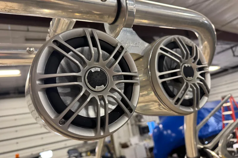 Slide: The Image of Close-up of marine speakers on a 2008 Hurricane SunDeck 2400 IO boat. - 21