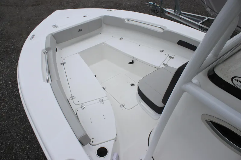 Slide: The Image of 2025 Sea Pro 202 CC boat interior with seating and storage compartments. - 8